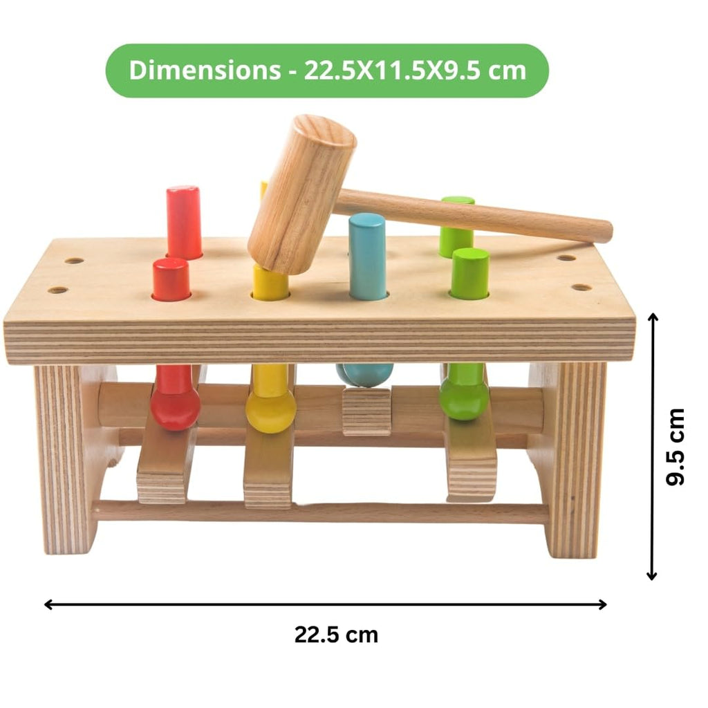 NESTA TOYS Wooden Pounding Bench Toy with Mallet | 8 Colourful Pegs - Flip, Pound & Repeat | Musical Toy - Sound on Every Hit | Builds Hand-Eye Coordination & Cause-Effect Learning | Ages 1-3 Years