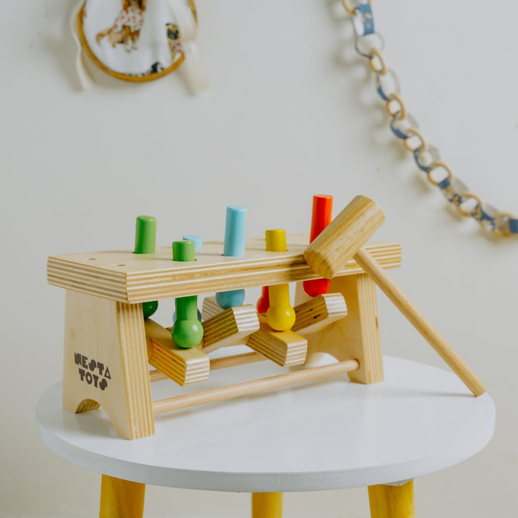 NESTA TOYS Wooden Pounding Bench Toy with Mallet | 8 Colourful Pegs - Flip, Pound & Repeat | Musical Toy - Sound on Every Hit | Builds Hand-Eye Coordination & Cause-Effect Learning | Ages 1-3 Years