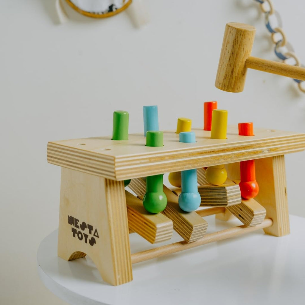 NESTA TOYS Wooden Pounding Bench Toy with Mallet | 8 Colourful Pegs - Flip, Pound & Repeat | Musical Toy - Sound on Every Hit | Builds Hand-Eye Coordination & Cause-Effect Learning | Ages 1-3 Years