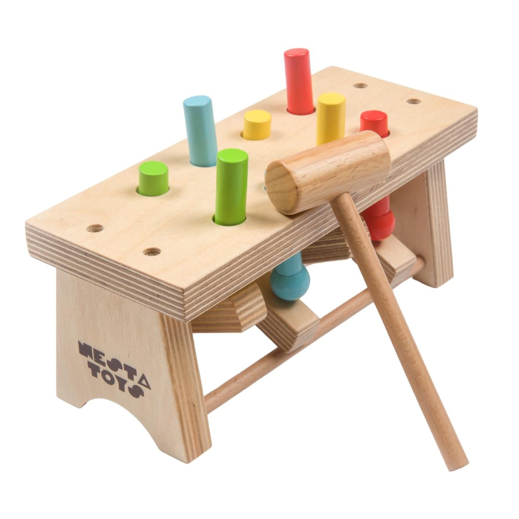 NESTA TOYS Wooden Pounding Bench Toy with Mallet | 8 Colourful Pegs - Flip, Pound & Repeat | Musical Toy - Sound on Every Hit | Builds Hand-Eye Coordination & Cause-Effect Learning | Ages 1-3 Years