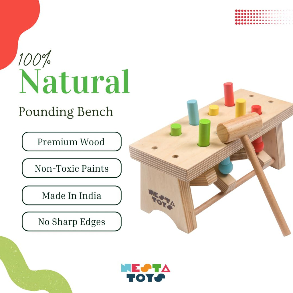 NESTA TOYS Wooden Pounding Bench Toy with Mallet | 8 Colourful Pegs - Flip, Pound & Repeat | Musical Toy - Sound on Every Hit | Builds Hand-Eye Coordination & Cause-Effect Learning | Ages 1-3 Years