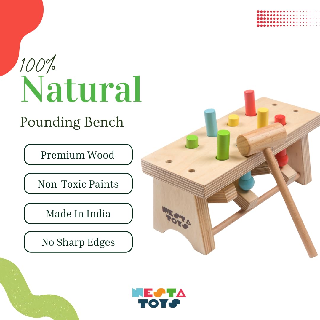 NESTA TOYS Wooden Pounding Bench Toy with Mallet | 8 Colourful Pegs - Flip, Pound & Repeat | Musical Toy - Sound on Every Hit | Builds Hand-Eye Coordination & Cause-Effect Learning | Ages 1-3 Years