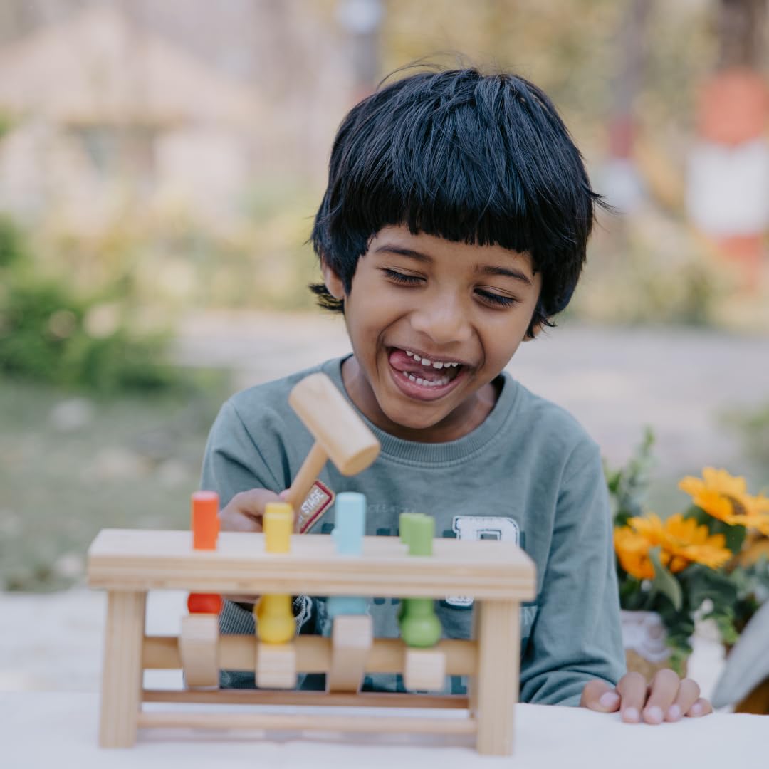 NESTA TOYS Wooden Pounding Bench Toy with Mallet | 8 Colourful Pegs - Flip, Pound & Repeat | Musical Toy - Sound on Every Hit | Builds Hand-Eye Coordination & Cause-Effect Learning | Ages 1-3 Years