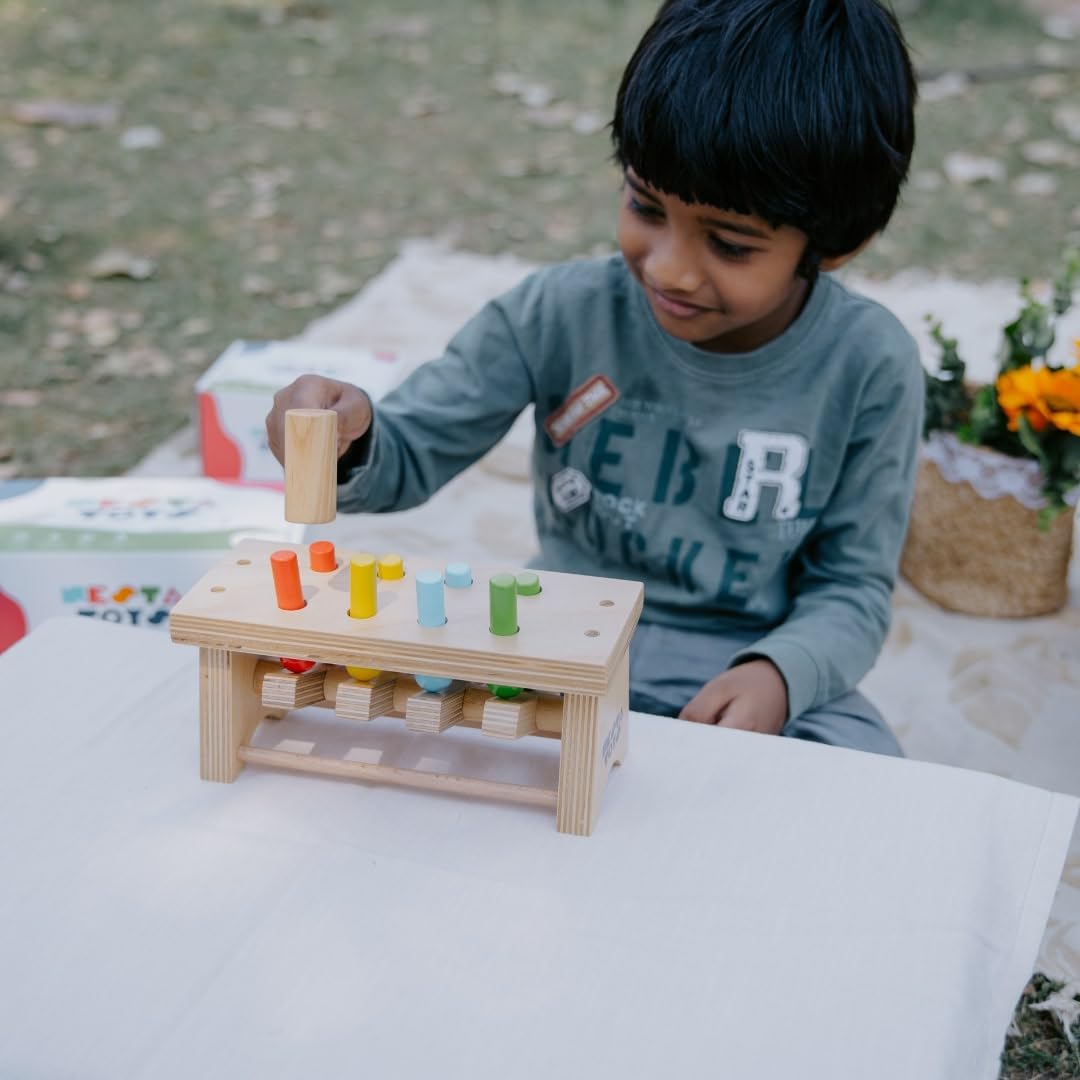 NESTA TOYS Wooden Pounding Bench Toy with Mallet | 8 Colourful Pegs - Flip, Pound & Repeat | Musical Toy - Sound on Every Hit | Builds Hand-Eye Coordination & Cause-Effect Learning | Ages 1-3 Years